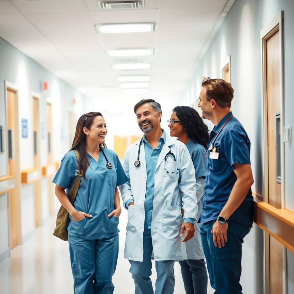 Pflegekraft, Ärztin und Kolleg*innen im Gespräch auf einem hellen Klinikflur