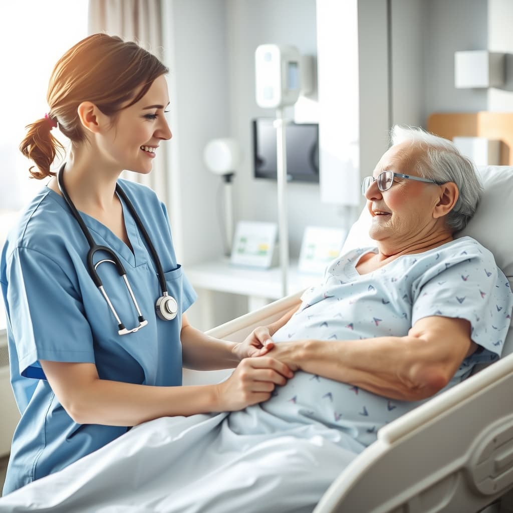 Pflegekraft hält im Gespräch die Hand einer älteren Patientin