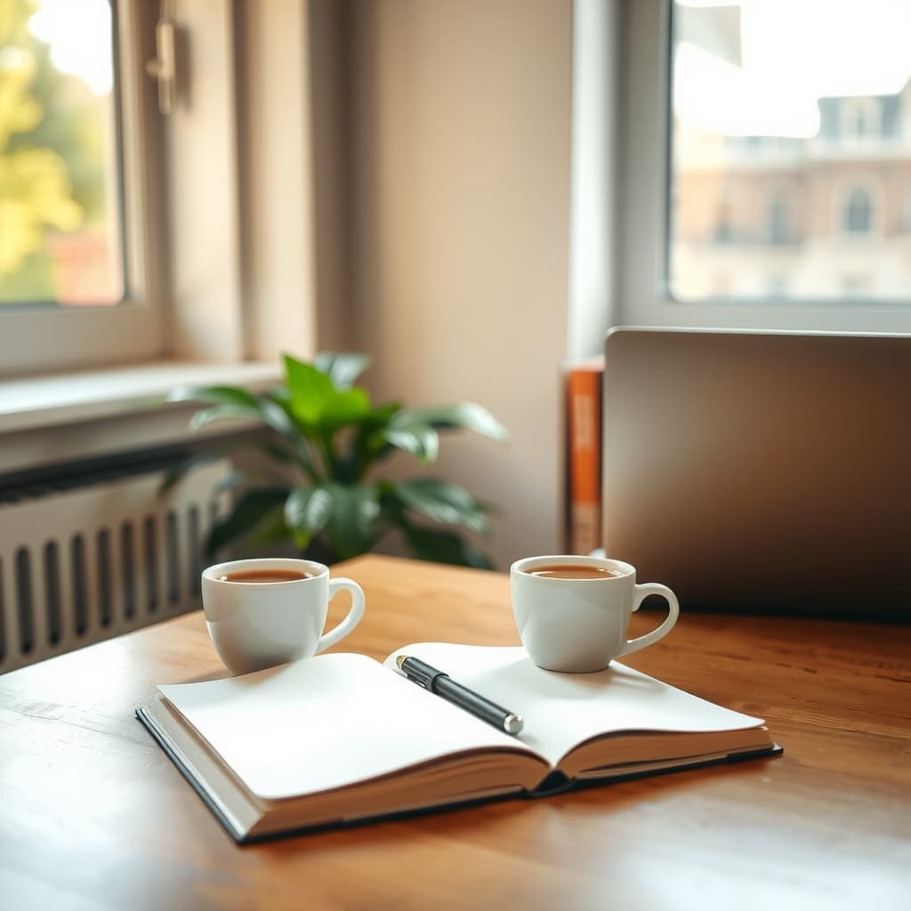 Besprechungstisch mit zwei Kaffeetassen, Notizbuch und Laptop in einem hellen Büro